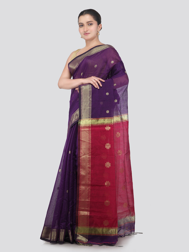 Pinkloom Purple Handloom Cotton bleand Saree