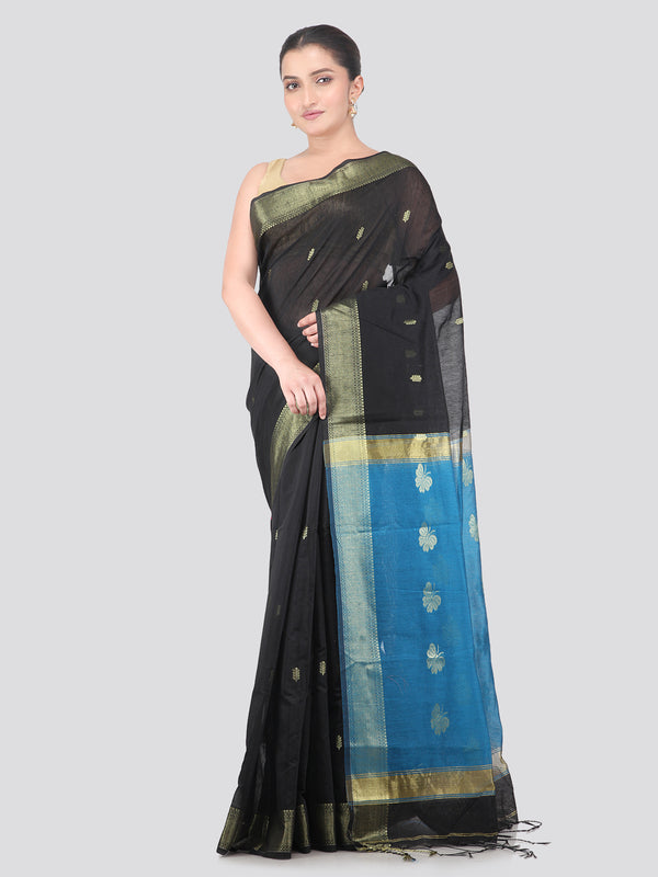 Pinkloom Black Handloom Cotton bleand Saree