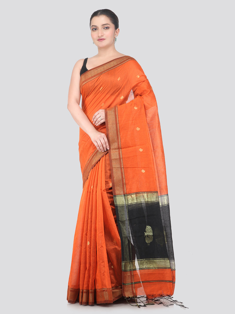 Pinkloom Orange Handloom Cotton bleand Saree
