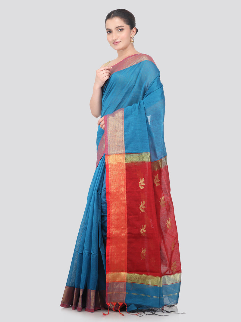 Pinkloom Turquoise Handloom Cotton bleand Saree