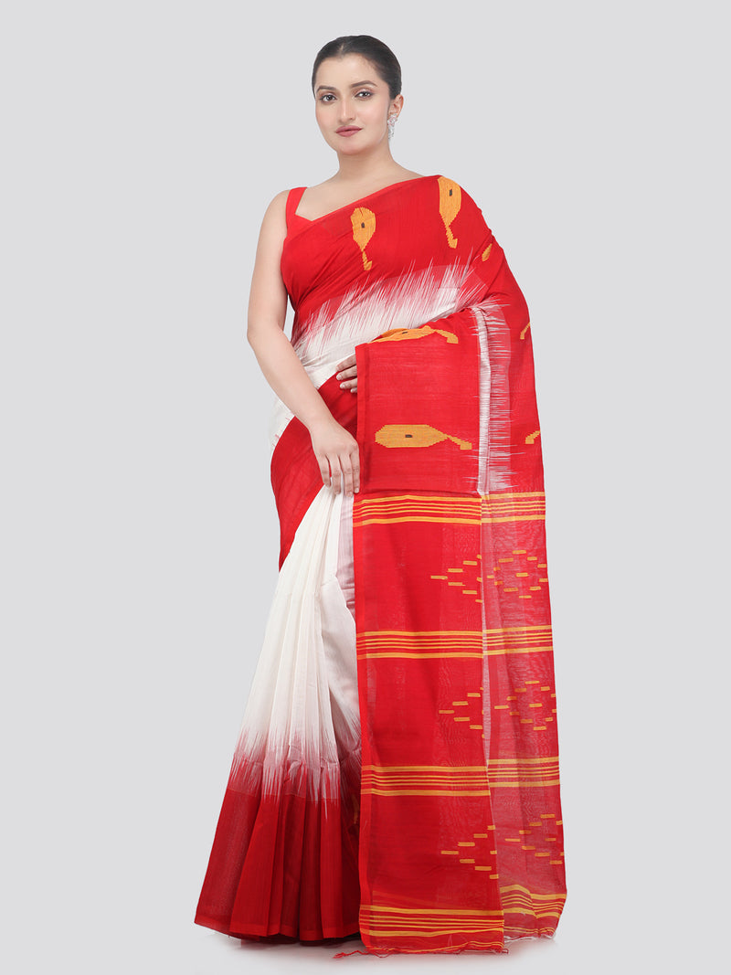 Pinkloom White Handloom Cotton bleand Saree