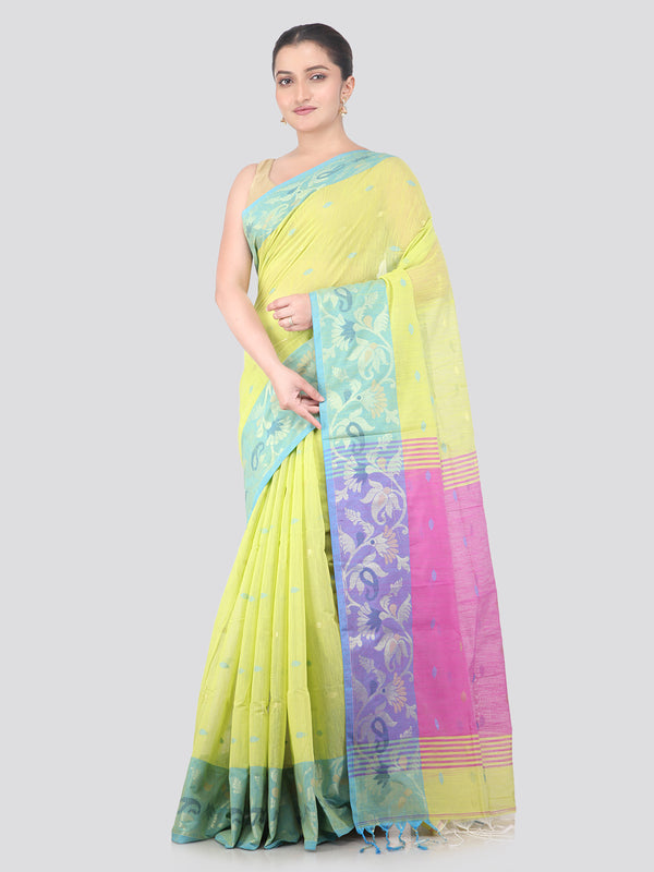 Pinkloom Green Handloom Cotton bleand Saree