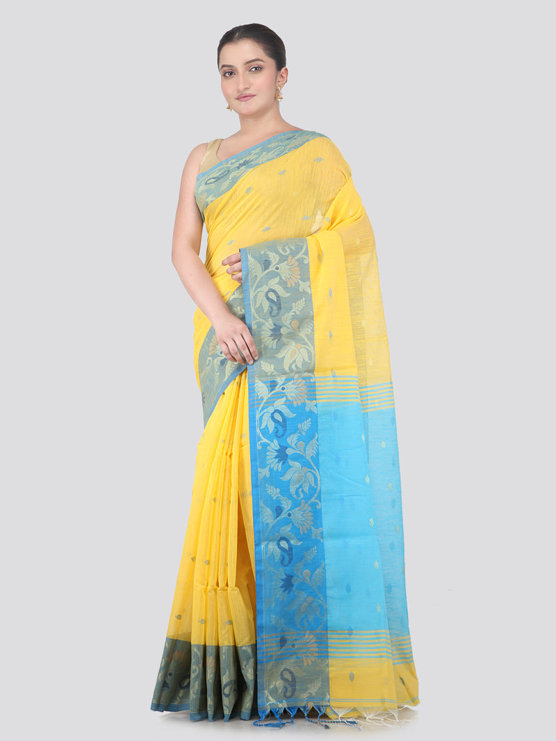 Pinkloom Yellow Handloom Cotton bleand Saree