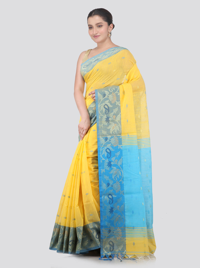 Pinkloom Yellow Handloom Cotton bleand Saree