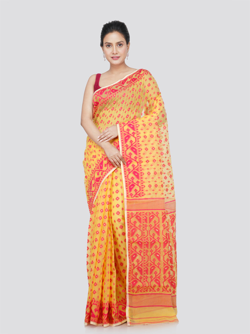 PinkLoom Women's Cotton Jamdani Saree Without Blouse Piece