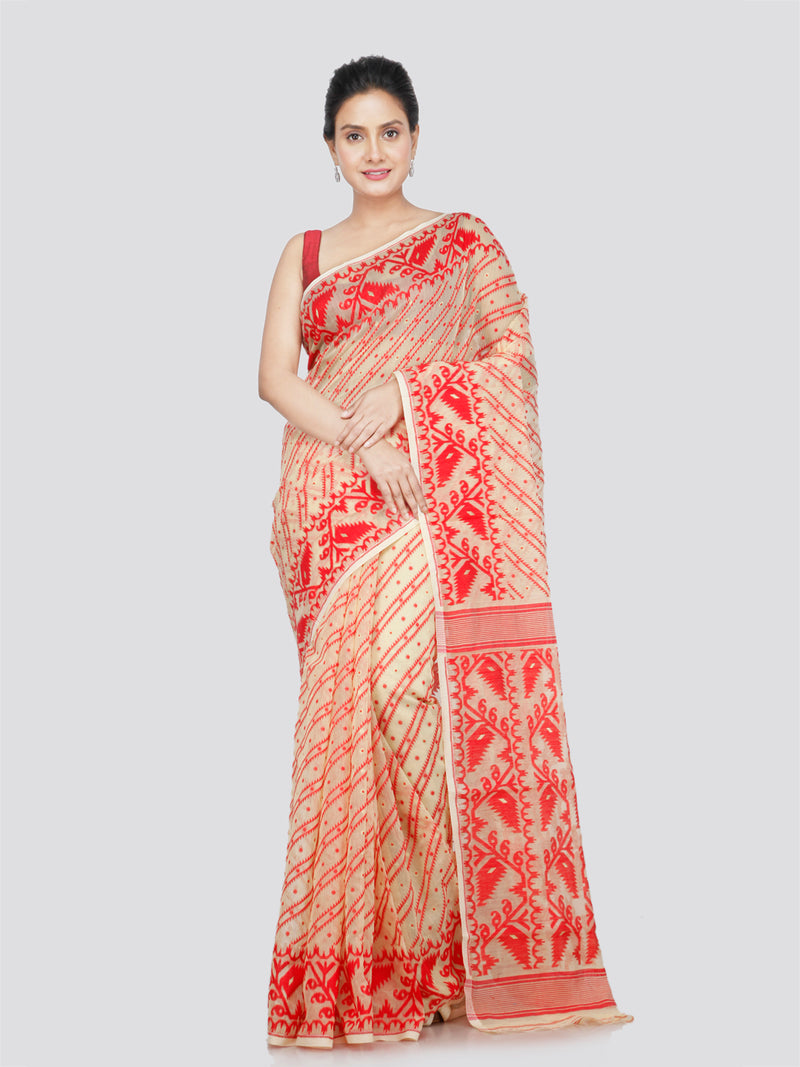 PinkLoom Women's Cotton Jamdani Saree Without Blouse Piece