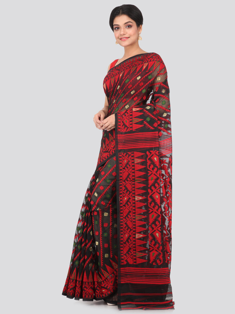 PinkLoom Women's Jamdani Cotton Saree Without Blouse Piece (0022MUSJ113A_Black)