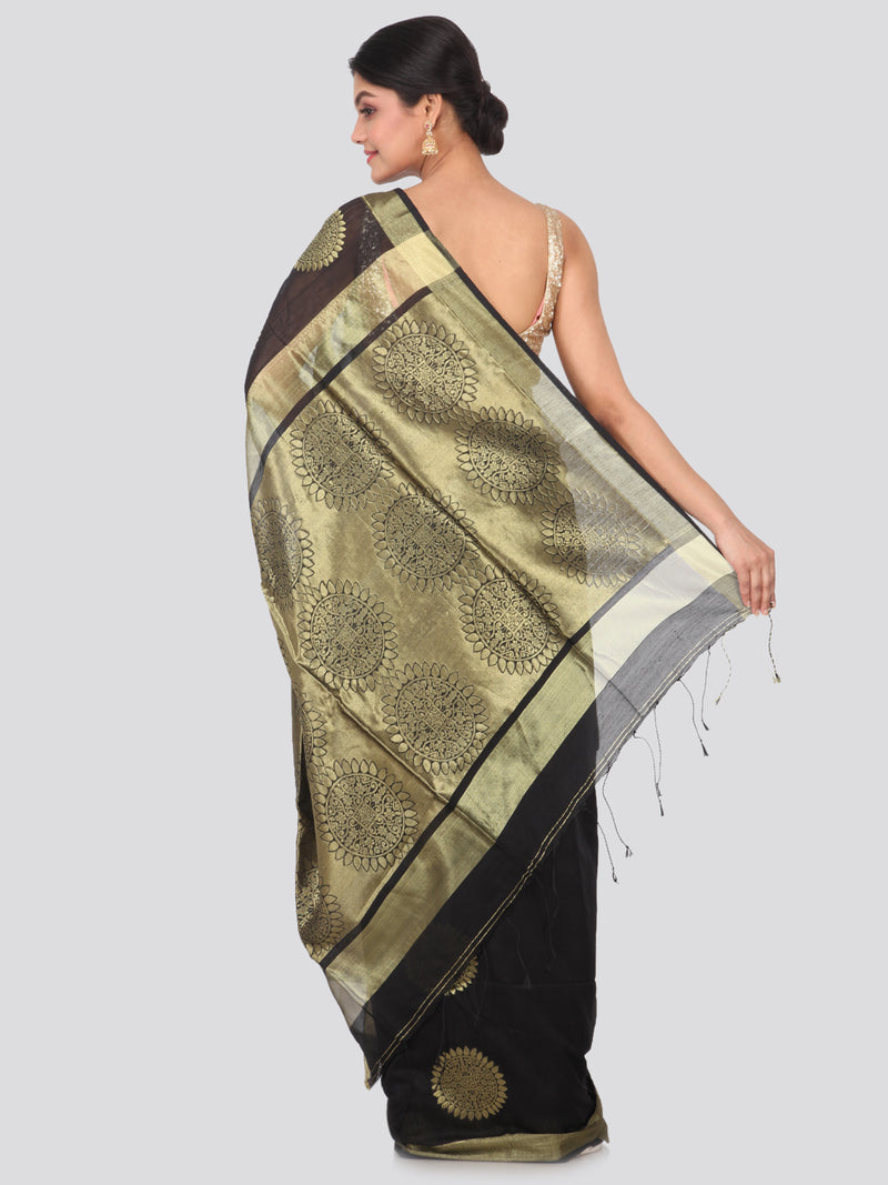 PinkLoom Women's Cotton Silk Saree with Blouse Piece (DP-HSLK11-0014_Black)