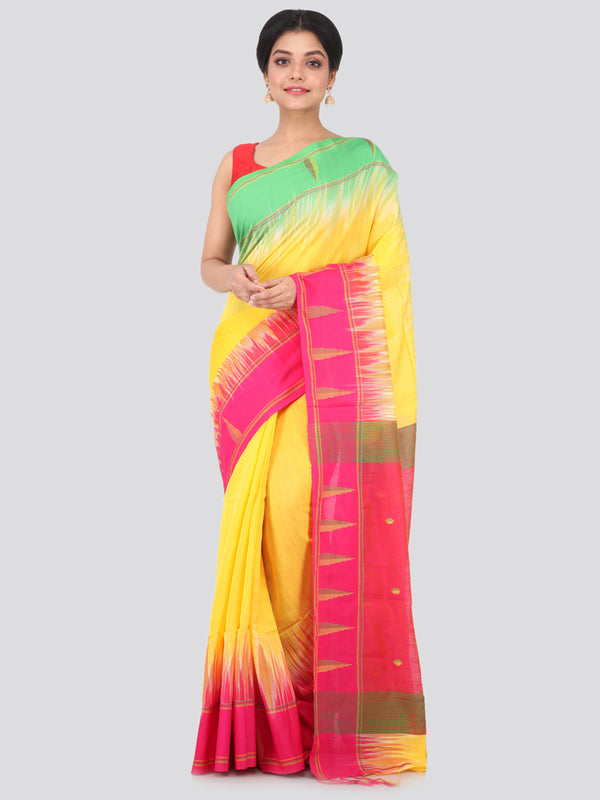 PinkLoom Women's Cotton Silk Saree with Blouse Piece (Yellow)