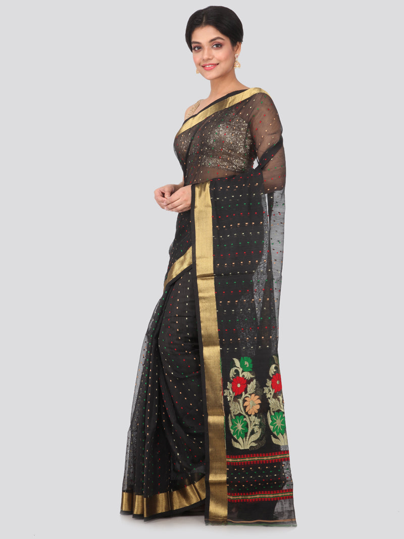 PinkLoom Women's Cotton Silk Saree with Blouse Piece_Black