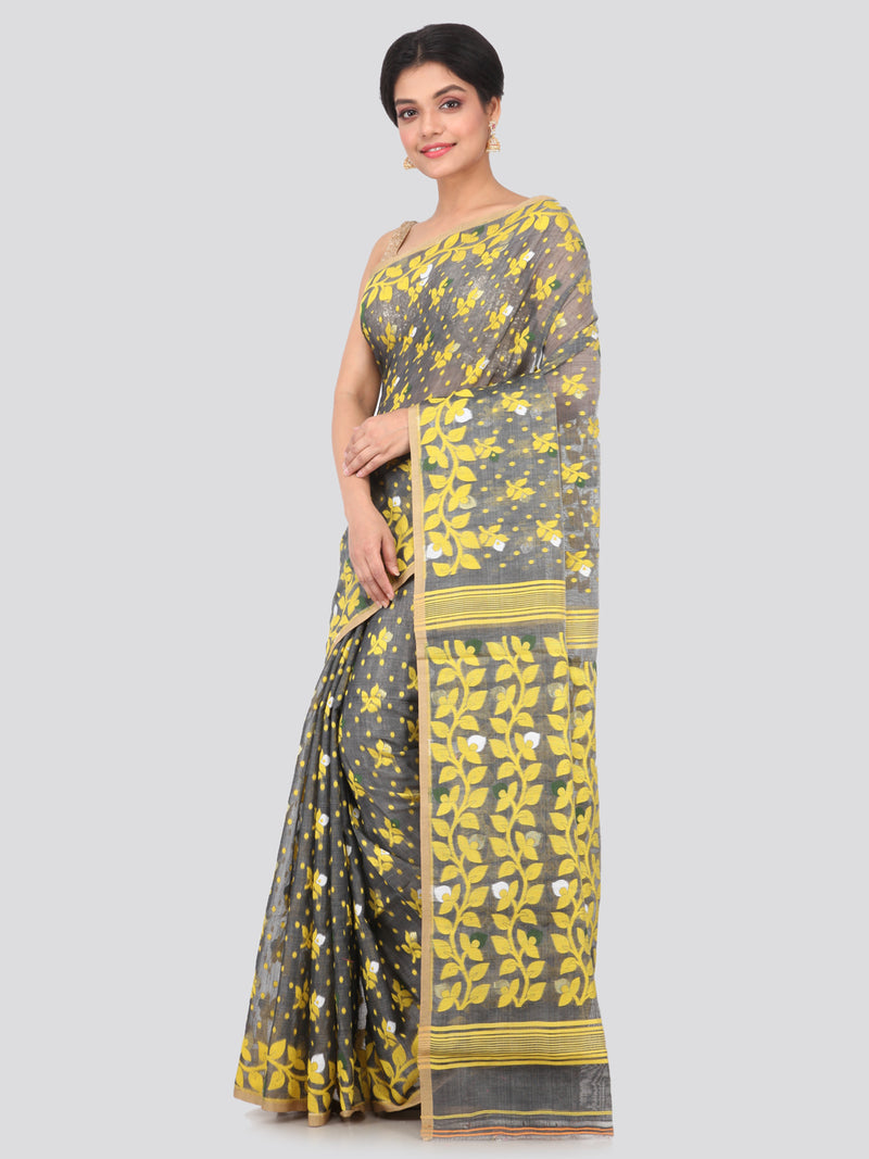 PinkLoom Women's Jamdani Cotton Saree Without Blouse Piece (GB-MUSJ1-02645_Grey)