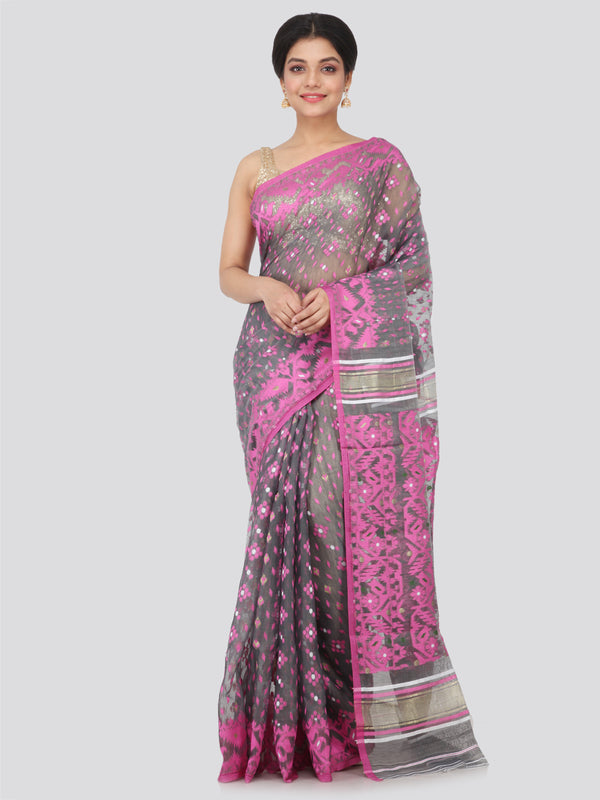 PinkLoom Women's soft Dhakai Jamdani Cotton Saree (Grey)