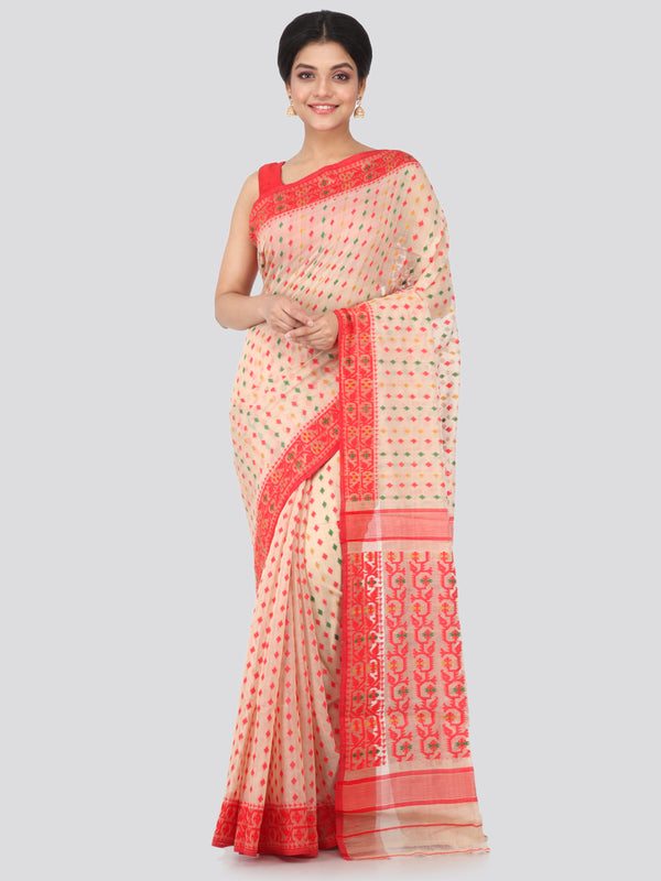 PinkLoom Women's Cotton Soft Jamdani Saree without Blouse Piece (GB-MUSJ3-0023, Beige)