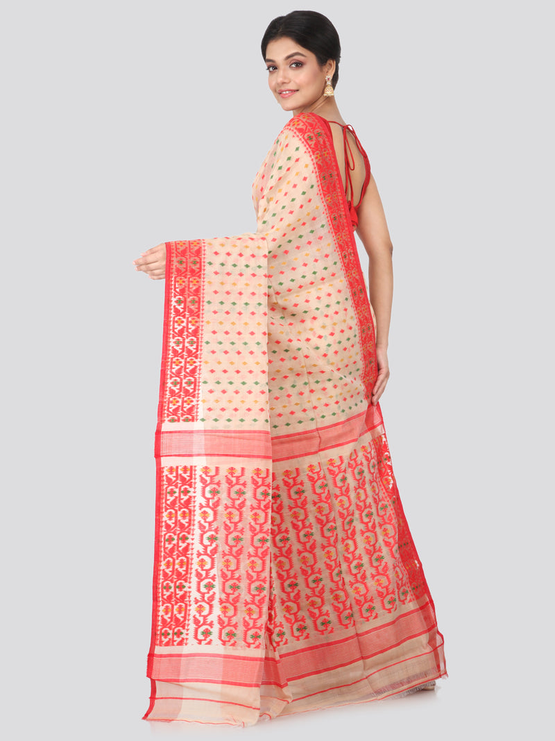 PinkLoom Women's Cotton Soft Jamdani Saree without Blouse Piece (GB-MUSJ3-0023, Beige)