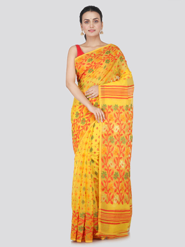 PinkLoom Women's Jamdani Cotton Saree (GB143_Yellow)
