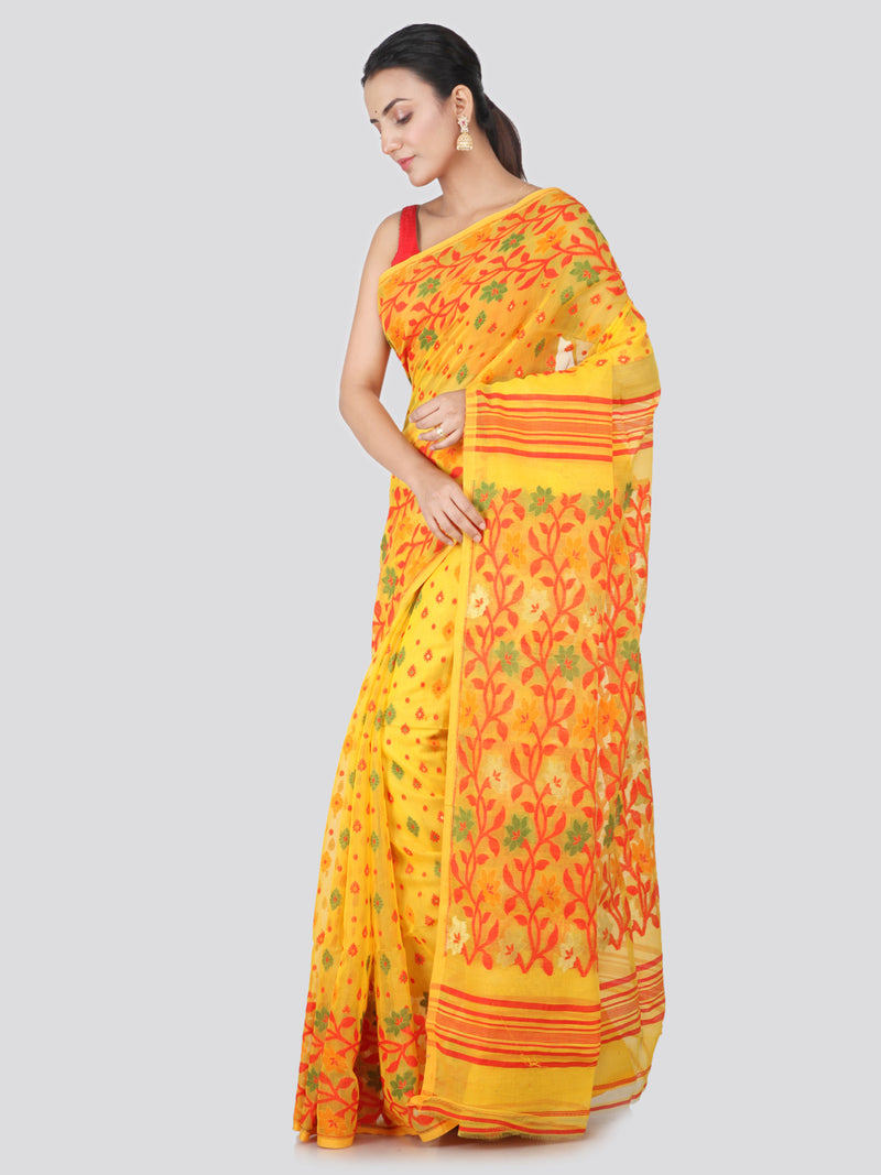 PinkLoom Women's Jamdani Cotton Saree (GB143_Yellow)