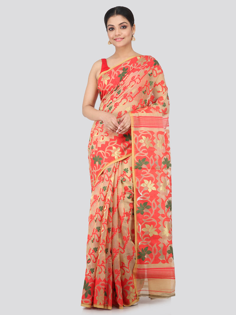PinkLoom Women's Soft Cotton Jamdani Saree Without Blouse Piece, Beige, Gb165