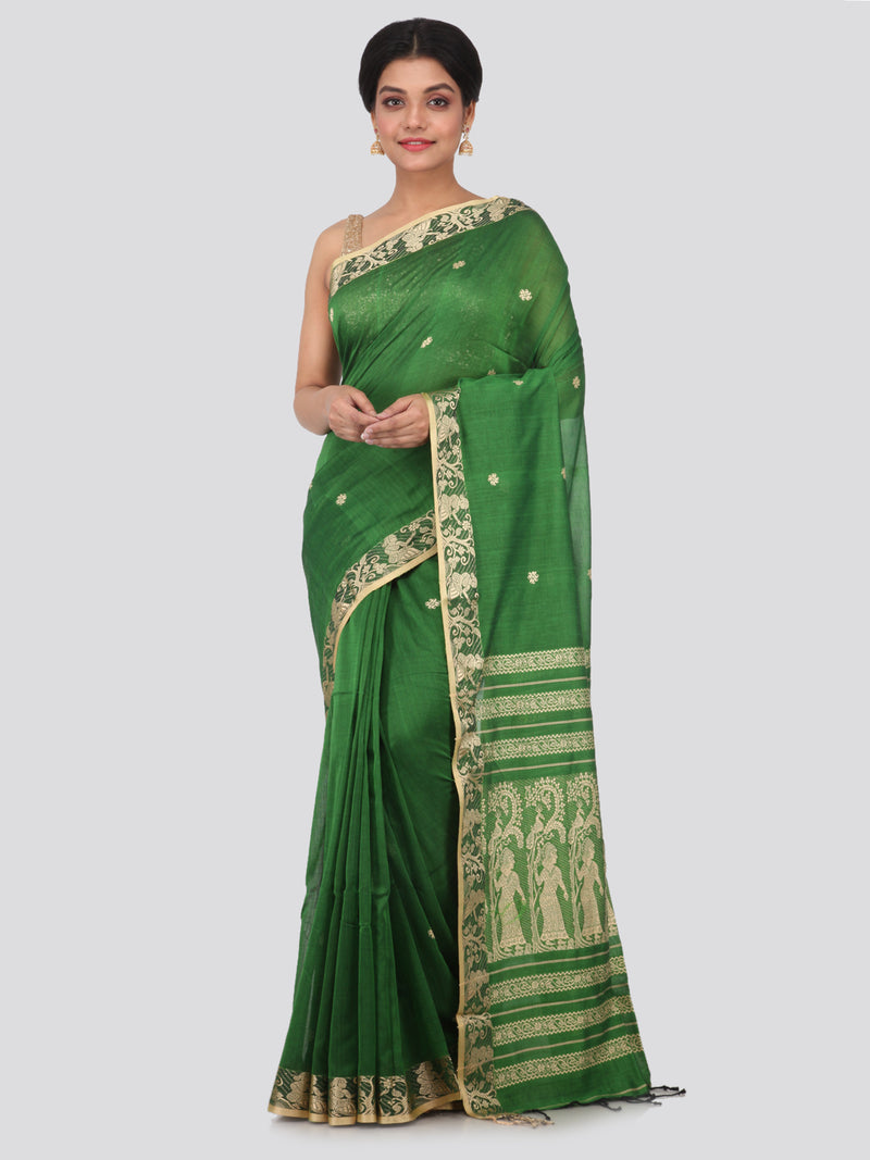 PinkLoom Women's Cotton Saree With Blouse Piece (GB288_Green)
