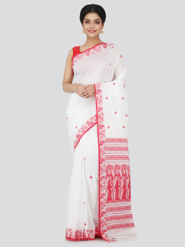 PinkLoom Women's Cotton Saree With Blouse Piece (GB295_White)