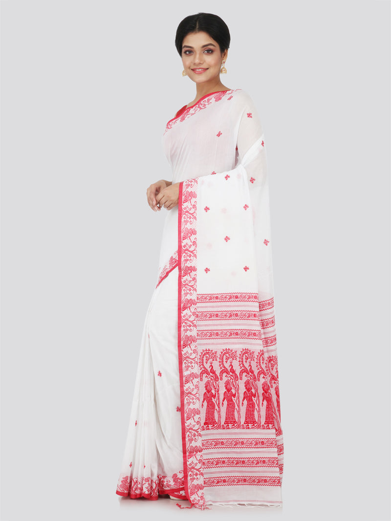 PinkLoom Women's Cotton Saree With Blouse Piece (GB295_White)