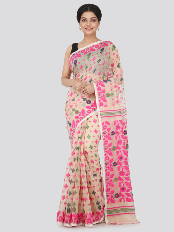 PinkLoom Women's soft Jamdani Saree without Blouse Piece (GB302_Beige)