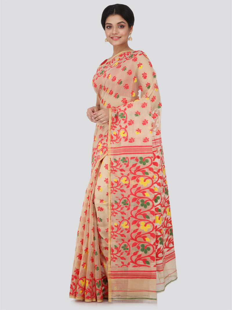 PinkLoom Women's soft Jamdani Saree without Blouse Piece (GB305_Beige)
