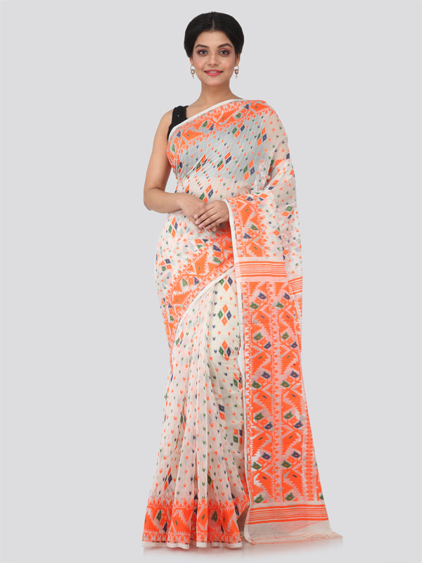 PinkLoom Women's soft Jamdani Saree without Blouse Piece (GB307_White)