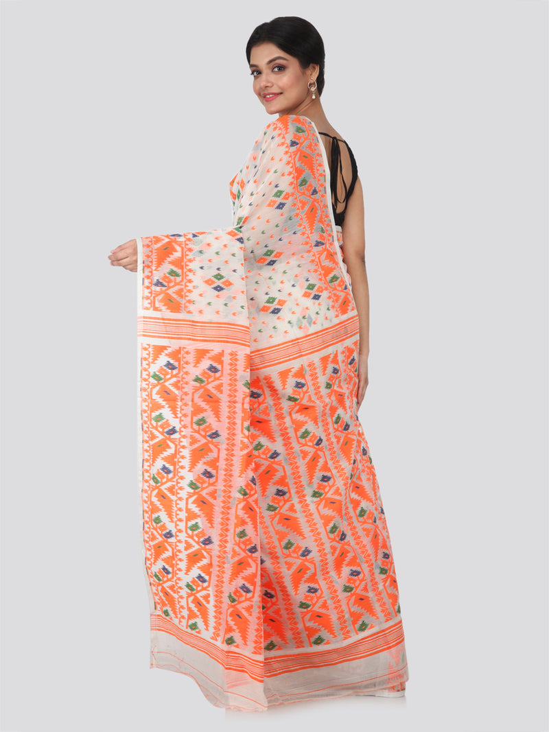 PinkLoom Women's soft Jamdani Saree without Blouse Piece (GB307_White)