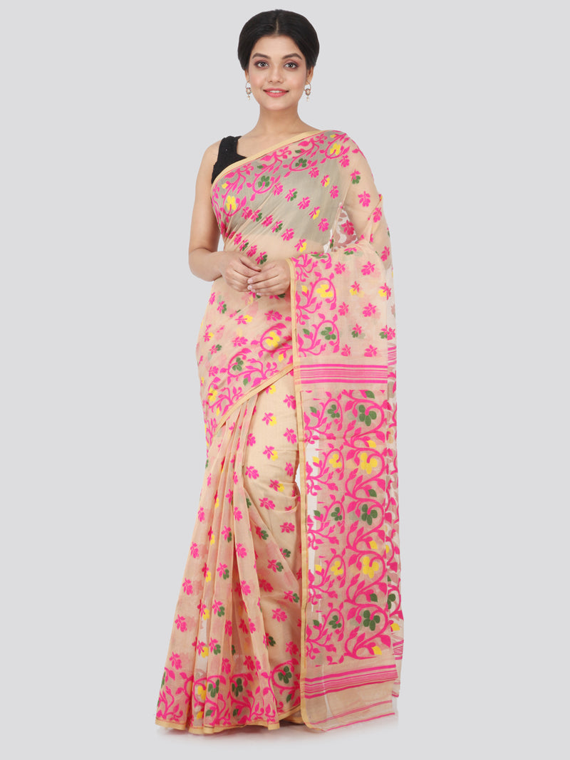 PinkLoom Women's soft Jamdani Saree without Blouse Piece (GB314_Beige)