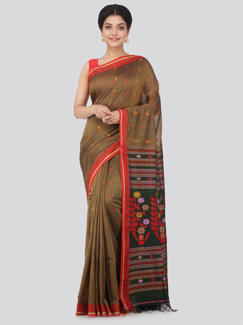 PinkLoom Women's Cotton Saree With Blouse Piece (GB315_Brown)