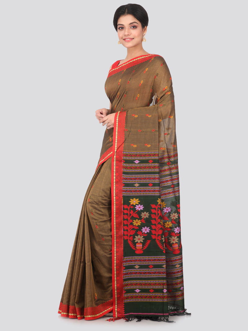 PinkLoom Women's Cotton Saree With Blouse Piece (GB315_Brown)