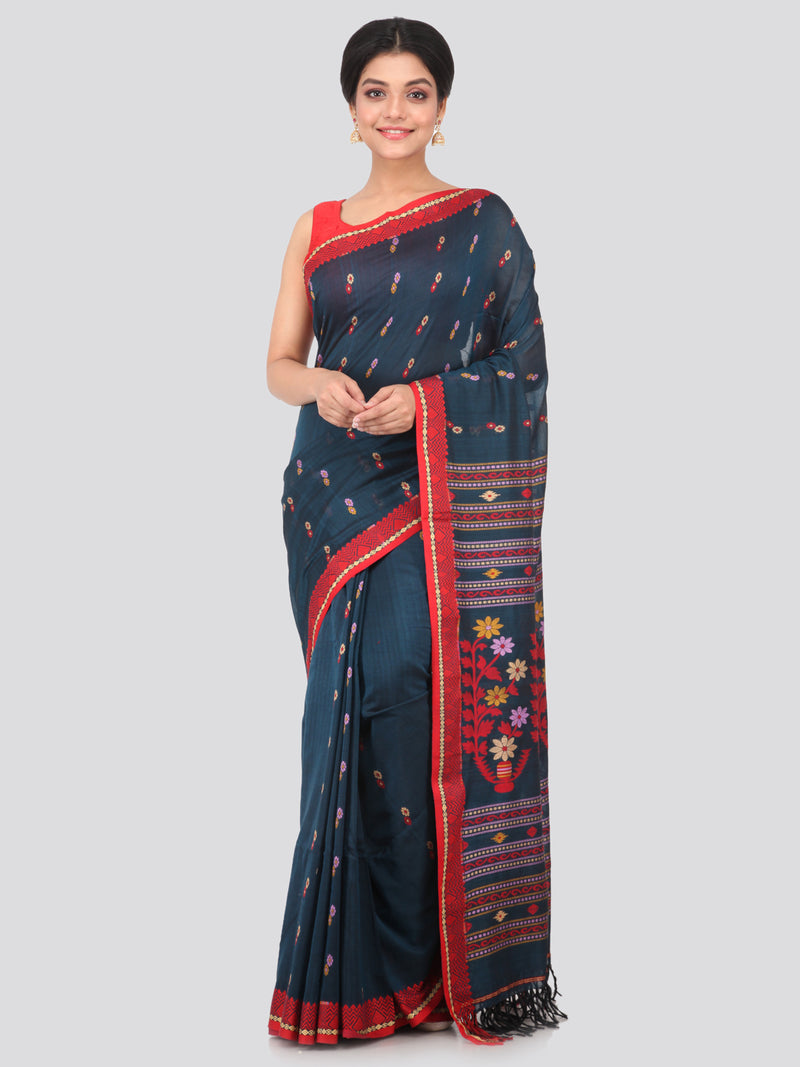 PinkLoom Women's Cotton Saree With Blouse Piece (GB316_Blue)