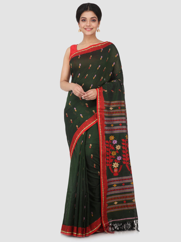 PinkLoom Women's Cotton Saree With Blouse Piece (GB317_Dark Green)