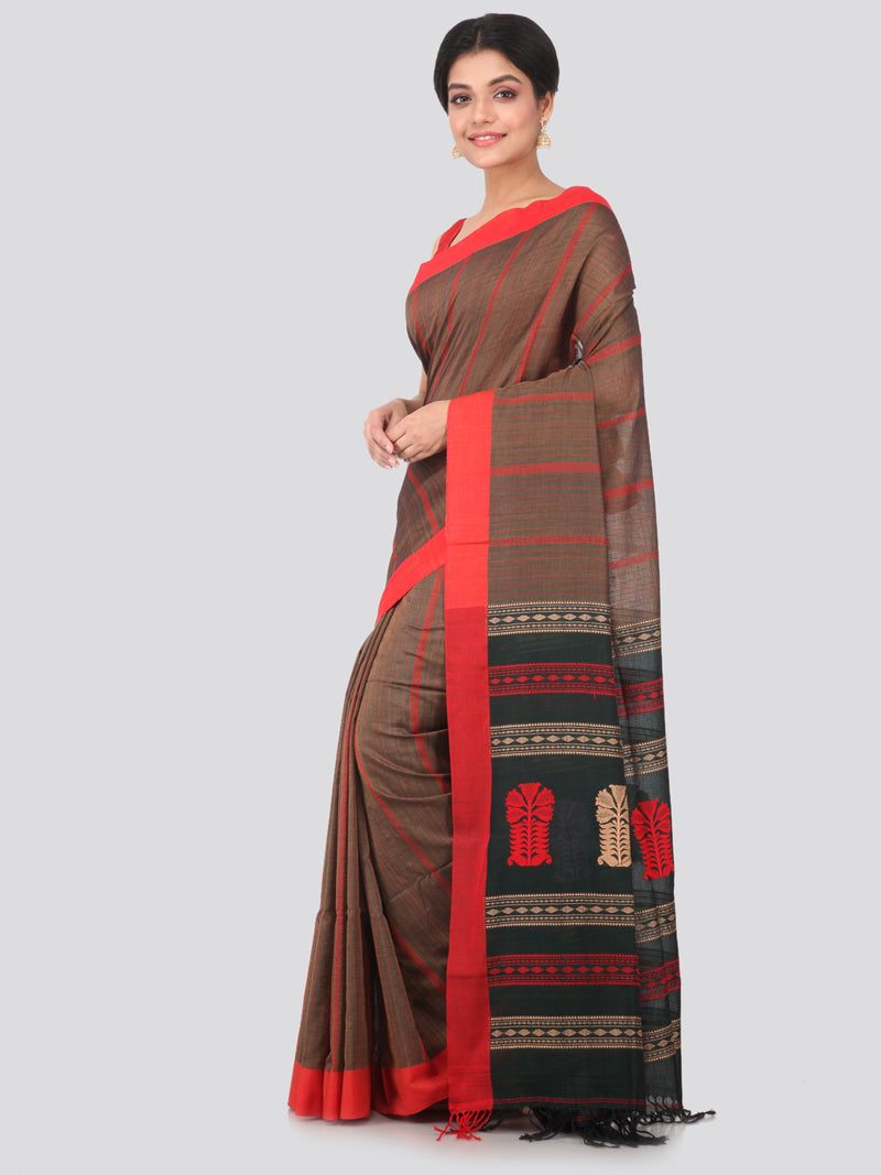 PinkLoom Women's Cotton Saree With Blouse Piece (GB328_Brown)