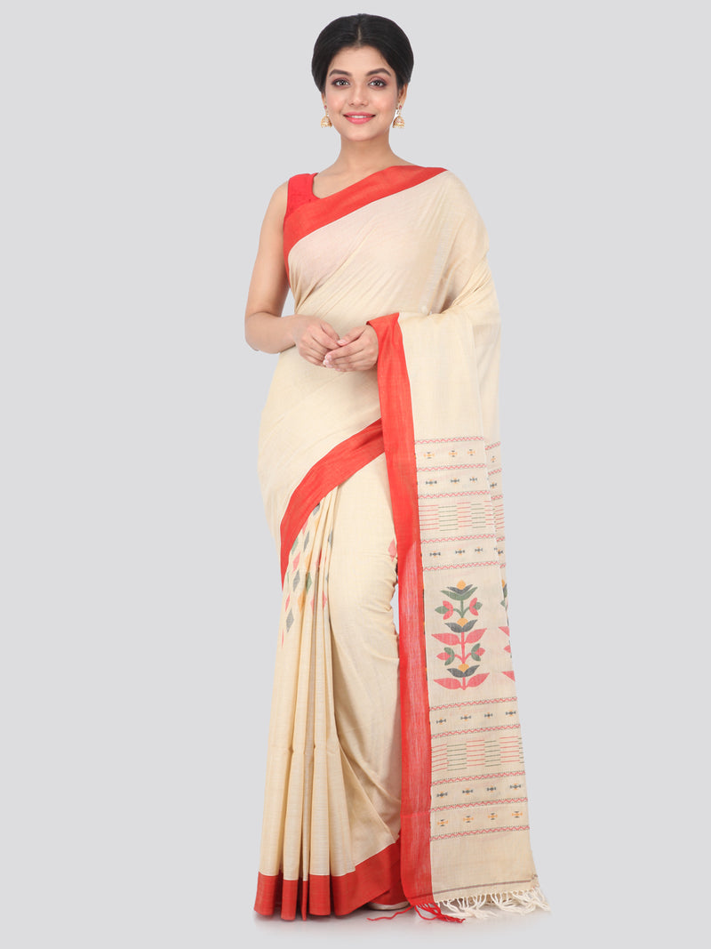 PinkLoom Women's Cotton Saree With Blouse Piece (GB331_Beige)