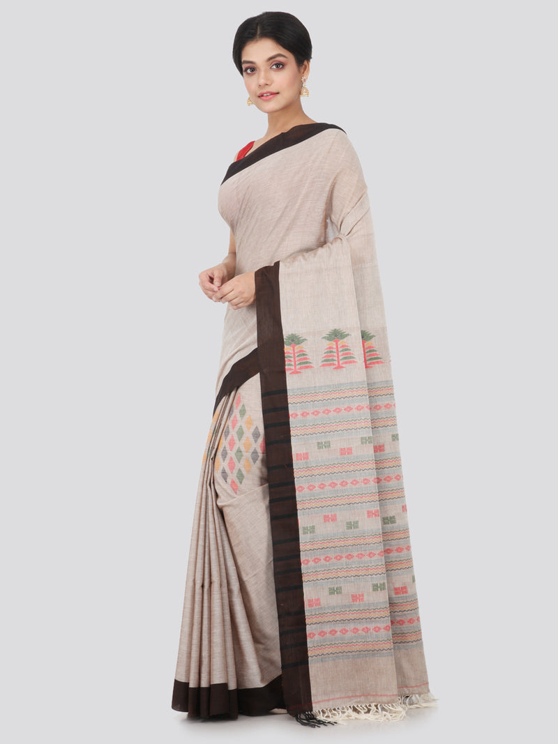 PinkLoom Women's Cotton Saree With Blouse Piece (GB335_Light Brown)