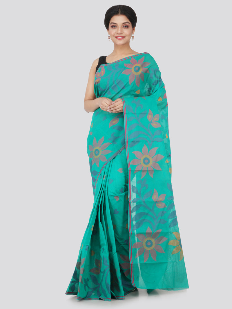 PinkLoom Women's Cotton Saree With Blouse Piece (GB337_Blue)