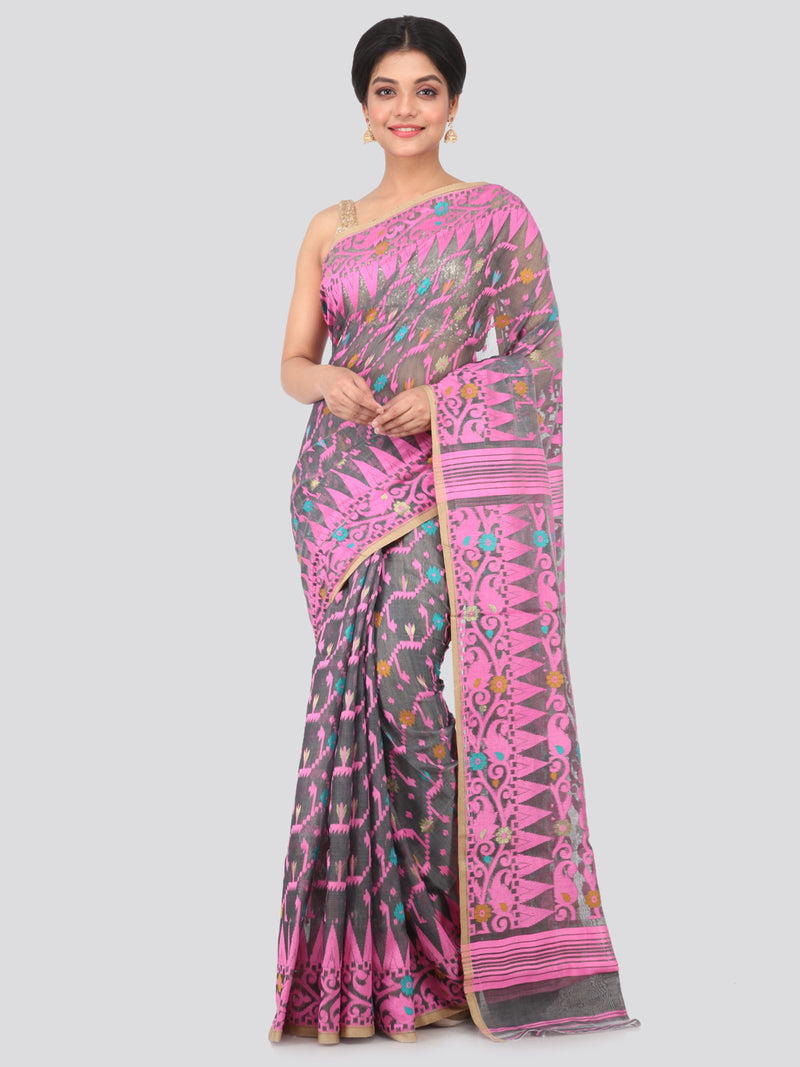 PinkLoom Women's soft Jamdani Saree without Blouse Piece (GB343_Grey)