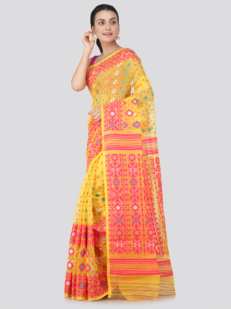 PinkLoom Women's soft Jamdani Saree without Blouse Piece (GB351_Yellow)