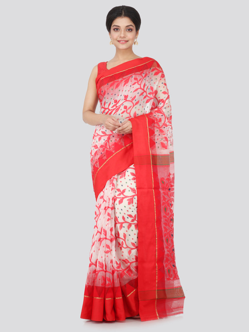 PinkLoom Women's soft Jamdani Saree without Blouse Piece (GB353_White)