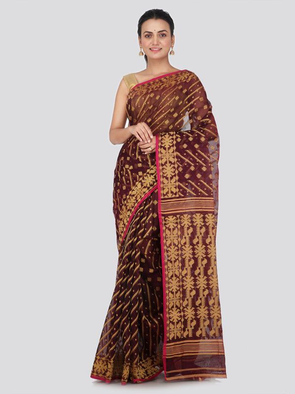 PinkLoom Women's soft Jamdani Saree without Blouse Piece (GB355_Brown)