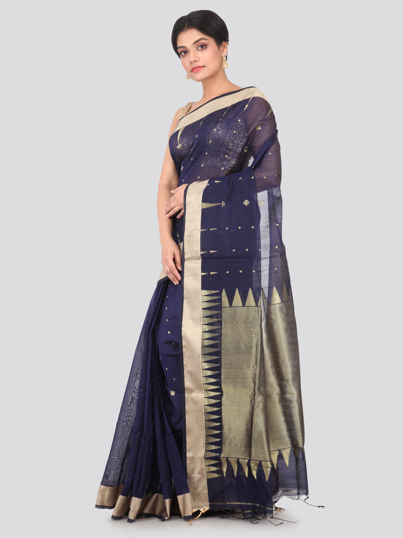 PinkLoom Women's Cotton Silk Saree With Blouse Piece (GB369_Dark Blue)