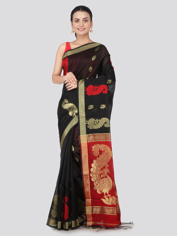 PinkLoom Women's Cotton Silk Saree With Blouse Piece (GB375_Black)