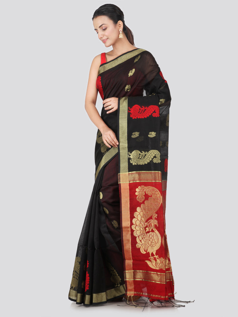 PinkLoom Women's Cotton Silk Saree With Blouse Piece (GB375_Black)