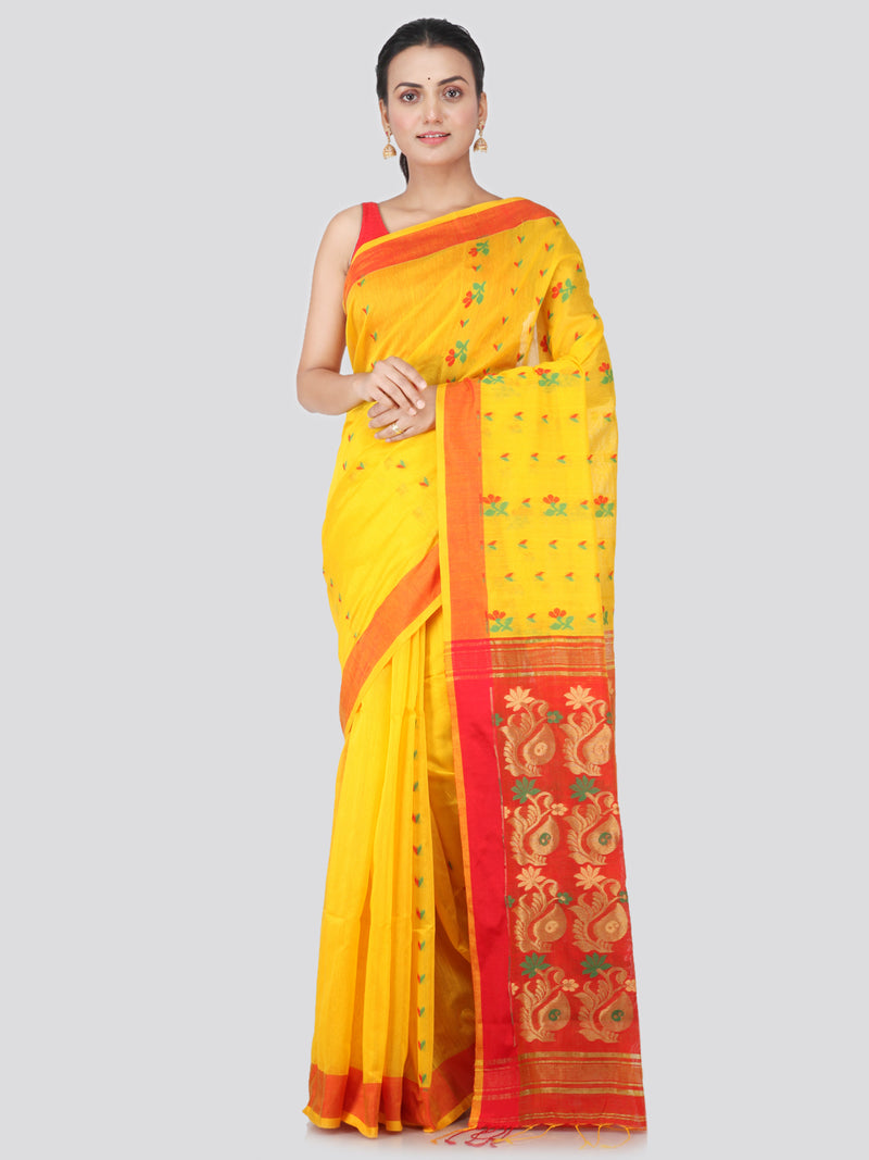 PinkLoom Women's Cotton Silk Saree With Blouse Piece (GB390_Yellow)