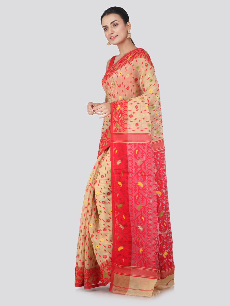PinkLoom Women's soft Jamdani Saree without Blouse Piece (GB405_Beige)