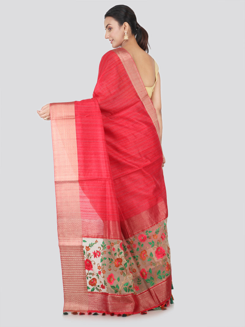PinkLoom Women's Tussar Silk Saree With Blouse Piece (ME7_Maroon)