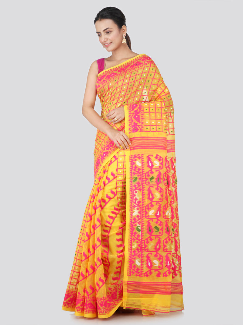 PinkLoom Women's soft cotton Jamdani Saree without Blouse Piece (MUSJ144-0024_Yellow)