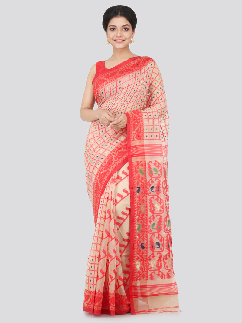 PinkLoom Women's soft Jamdani Saree without Blouse Piece (MUSJ145-0024_Beige)