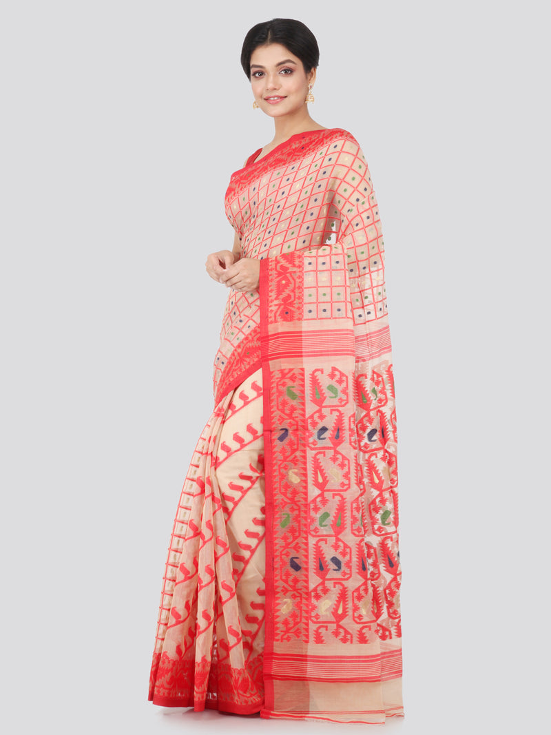PinkLoom Women's soft Jamdani Saree without Blouse Piece (MUSJ145-0024_Beige)